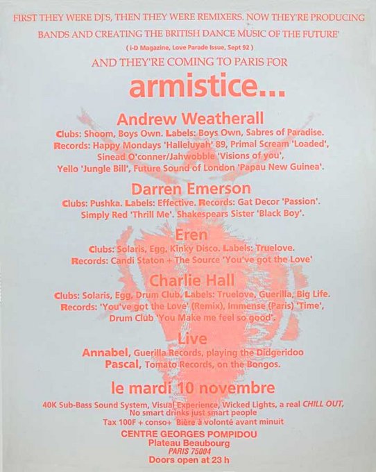 Flyer of the "Armistice" night Courtesy Richard Penny