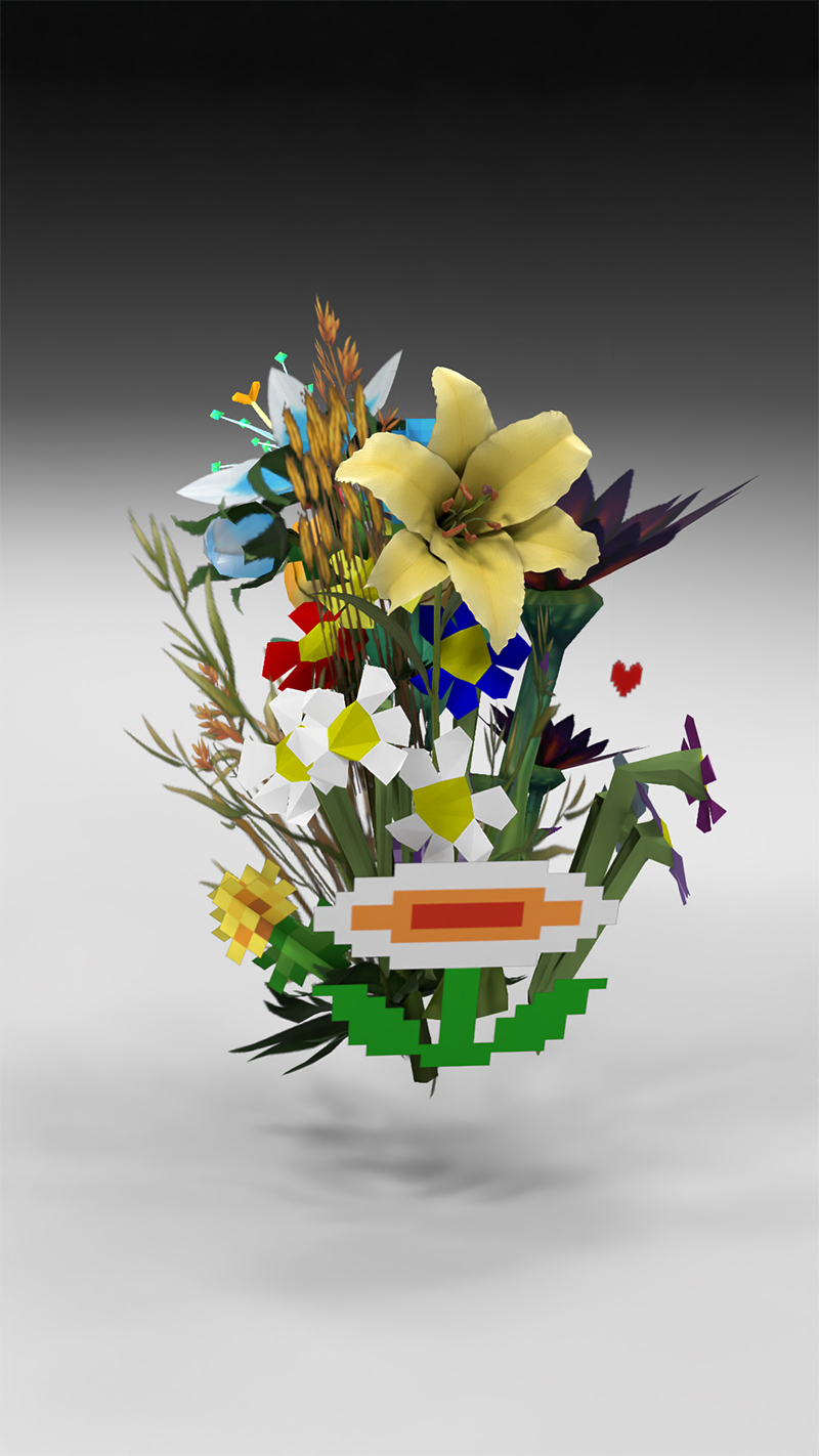 « Hand-Hacked Bouquet 1», de Jill Magid est la première œuvre de la série « Out-Game Flowers», qui inaugure l’intérêt de l’artiste américaine pour la technologie NFT. 
